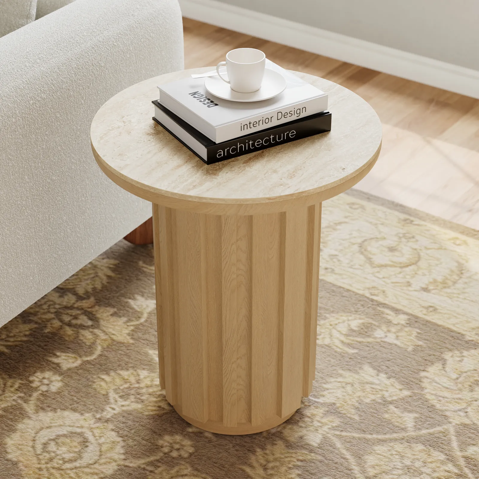 Aura Ash Wood Fluted Round Side Table with Sintered Stone Top