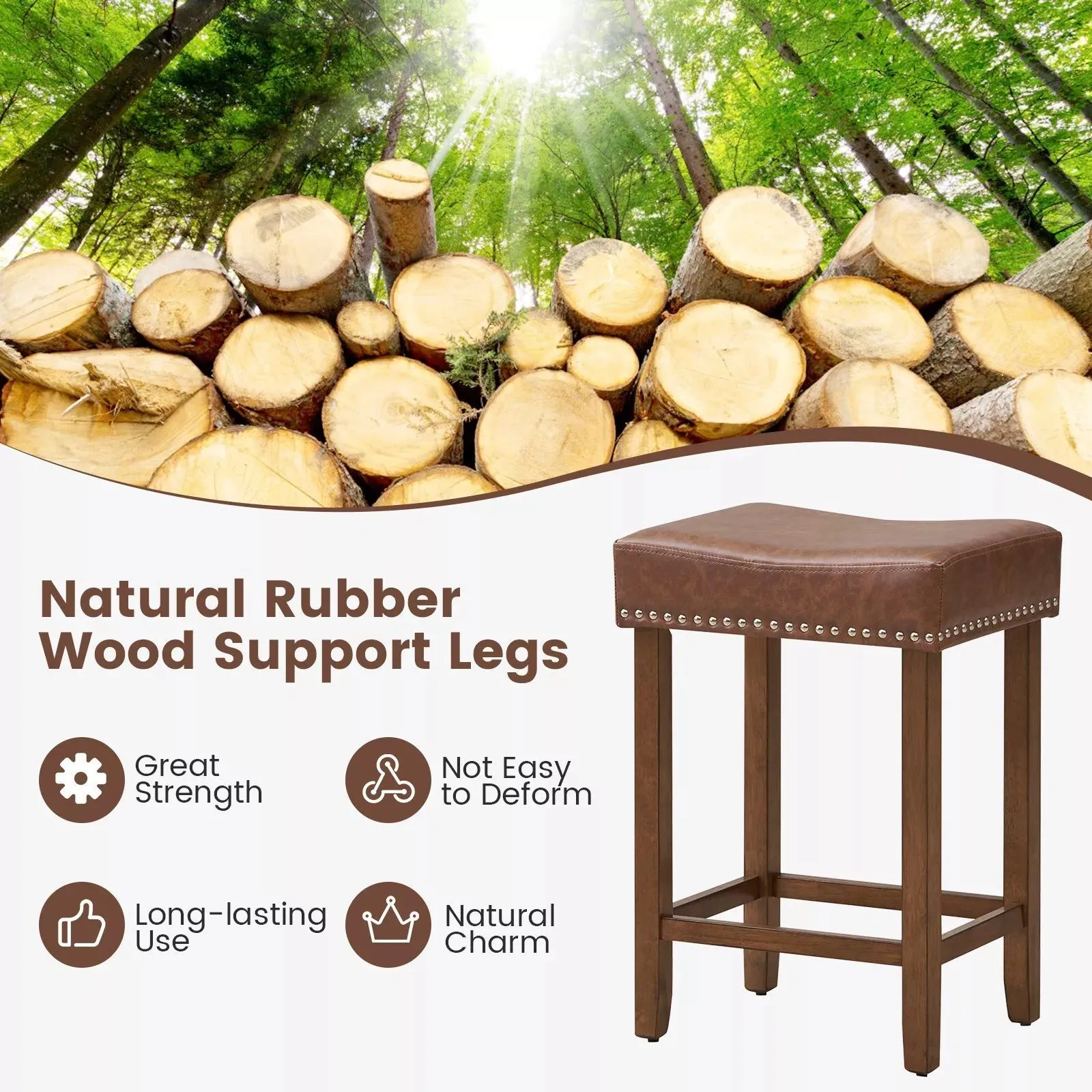 Costway Set of 2 Bar Stools Upholstered Counter Height Saddle Stools PU Leather 60cm in Brown 6