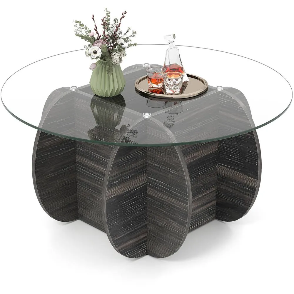 Costway 89cm Round Coffee Table Modern Accent Table-Dark Rustic Oak in Dark Grey