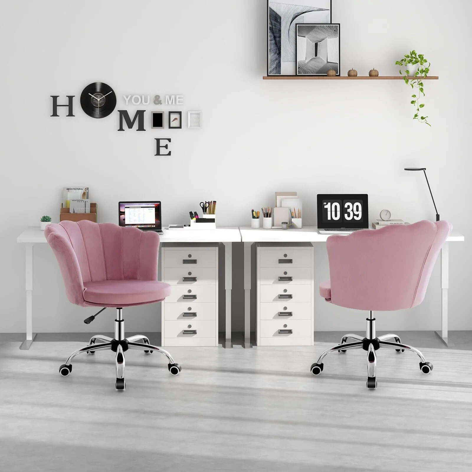 Costway Adjustable Vanity Chair Upholstered Velvet Arm Chair w/Wheels in Pink 3