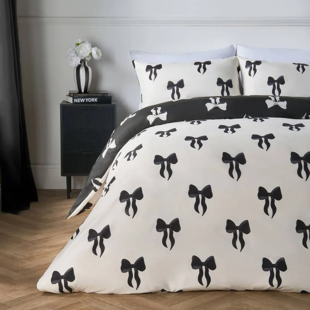 OHS Bows Microfibre Reversible Bedding Set Duvet Cover with Pillowcase in White