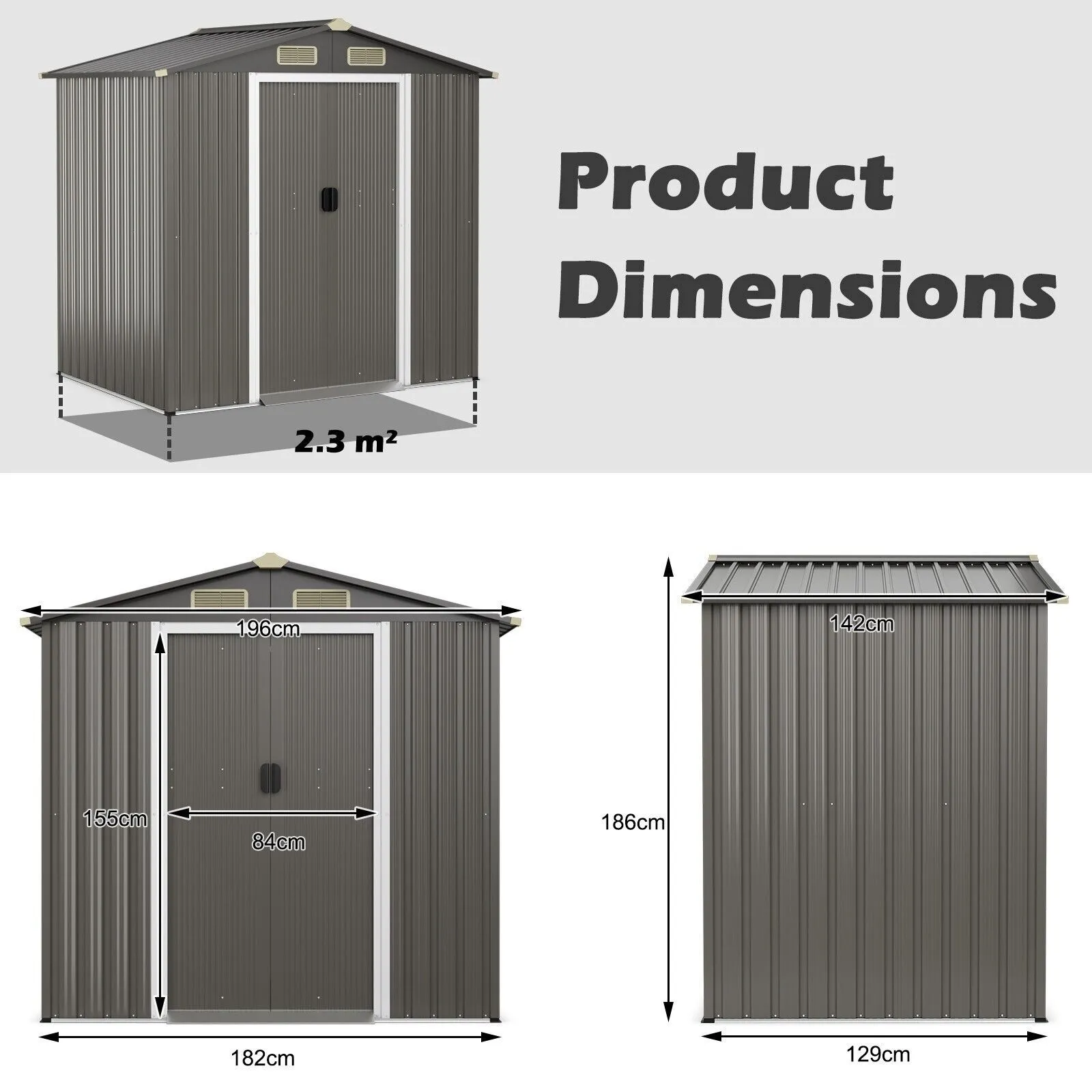 Costway 6 x 4 FT Outdoor Storage Shed Galvanized Steel Shed w/ Lockable Sliding Door in Grey 2