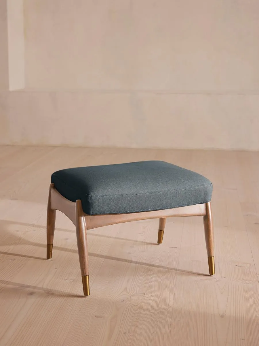 Theodore Oak Footstool, Linen, Prussian Blue