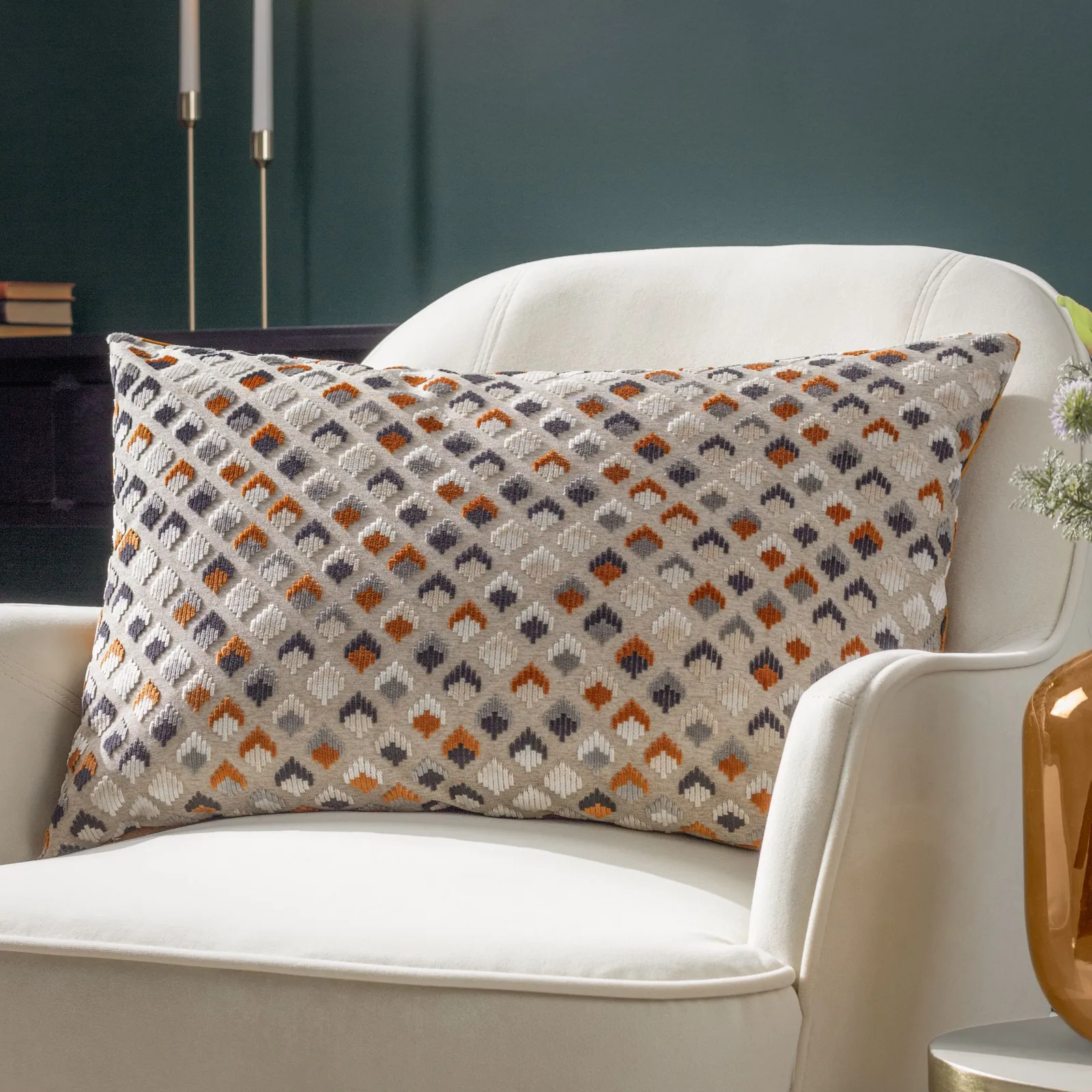 Paoletti Lexington Geometric Velvet Cushion in Orange 1