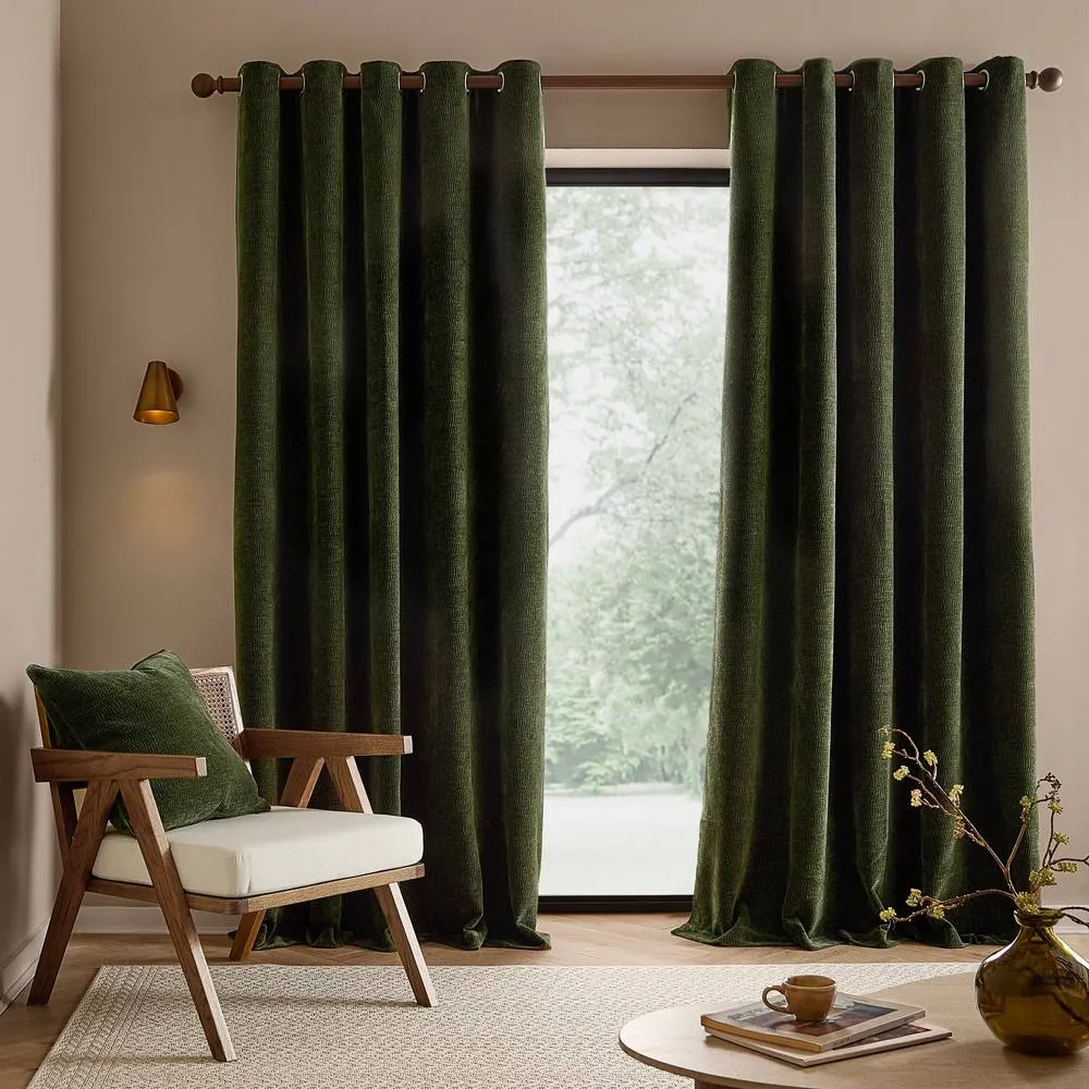 Yard Heath Washed Velvet Fully Lined Eyelet Curtain Pair in Olive 4