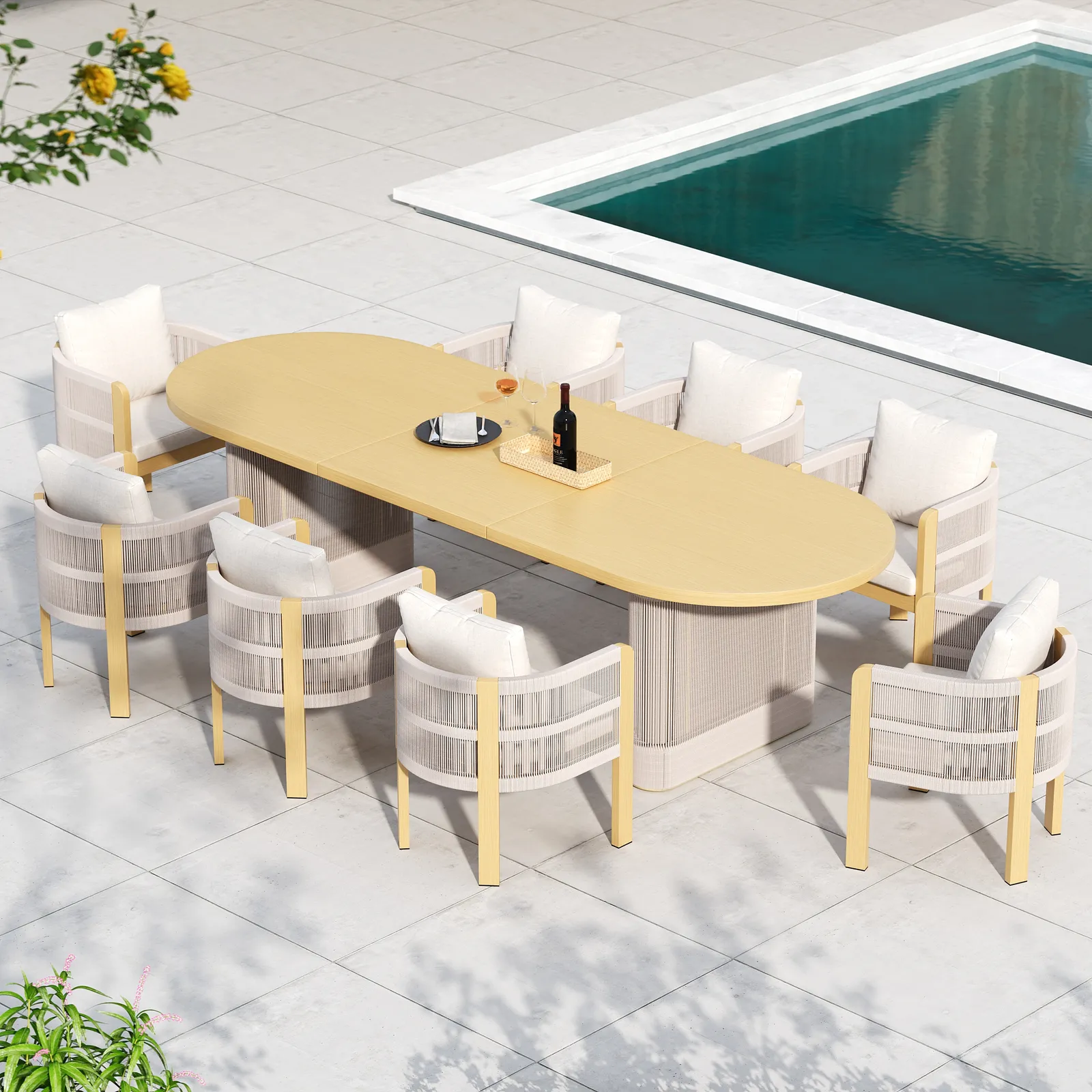 Costra 9-Piece Outdoor Rope & Aluminium Extendable Dining Set with 8 Chairs in Ivory