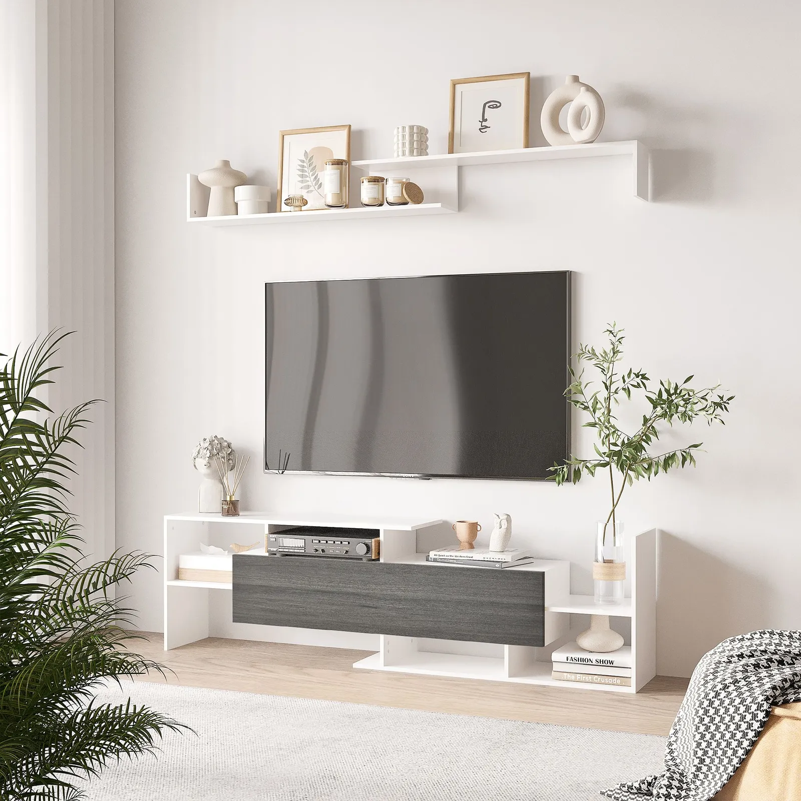 HOMCOM Unit Cabinet for TVs up to 65 Inches w/ Wall Shelf & Storage Cabinet in White