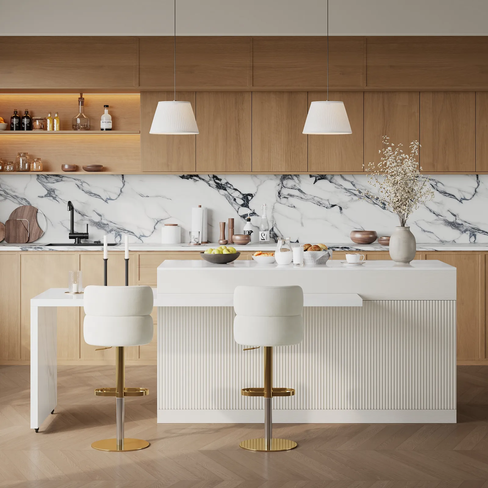81''-106" Extendable Kitchen Island with Doors & Drawers White Sintered Stone Top