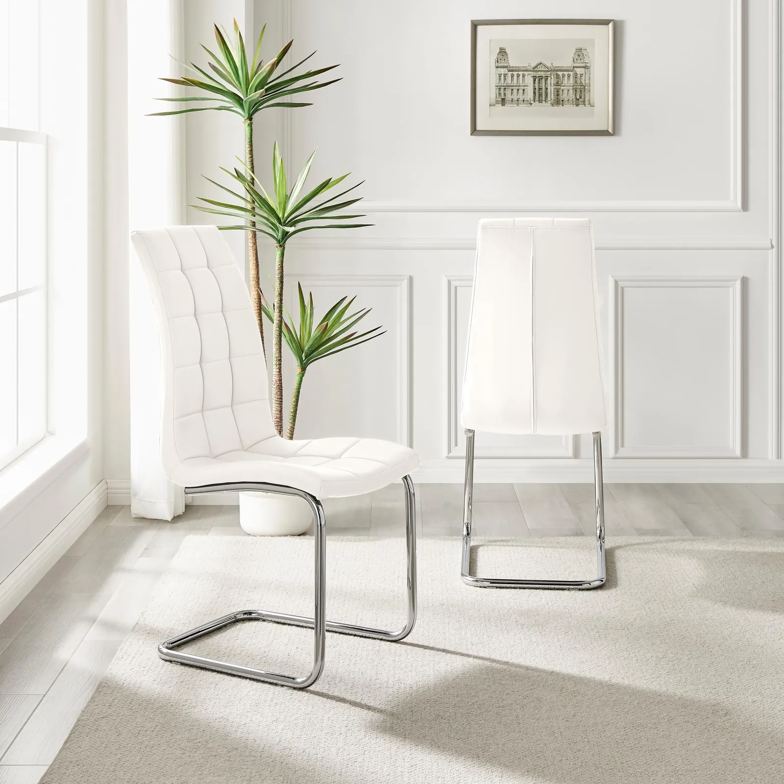 FurnitureboxUK Set of 2 Murano Deep Cushioned Soft Touch Faux Leather Dining Chairs With Silver Chrome Metal Legs in White 3