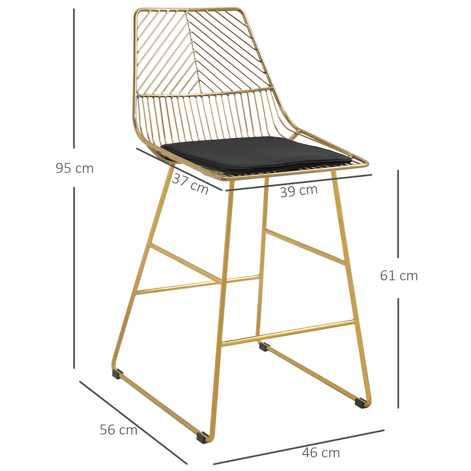 HOMCOM Modern Counter Height Bar Stools Set of 2 pcs Wire Metal Barstools in Gold 3