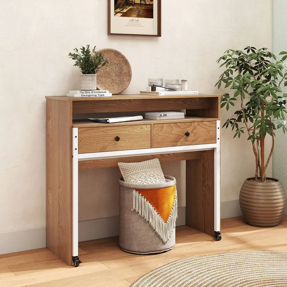 Costway Extendable Computer Desk Convertible Home Office Desk w/ Drawers in Natural