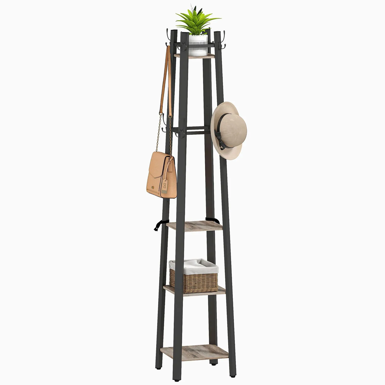 HOMCOM Industrial Coat Stand with 4 Storage Shelves & 8 Hooks in Grey 2
