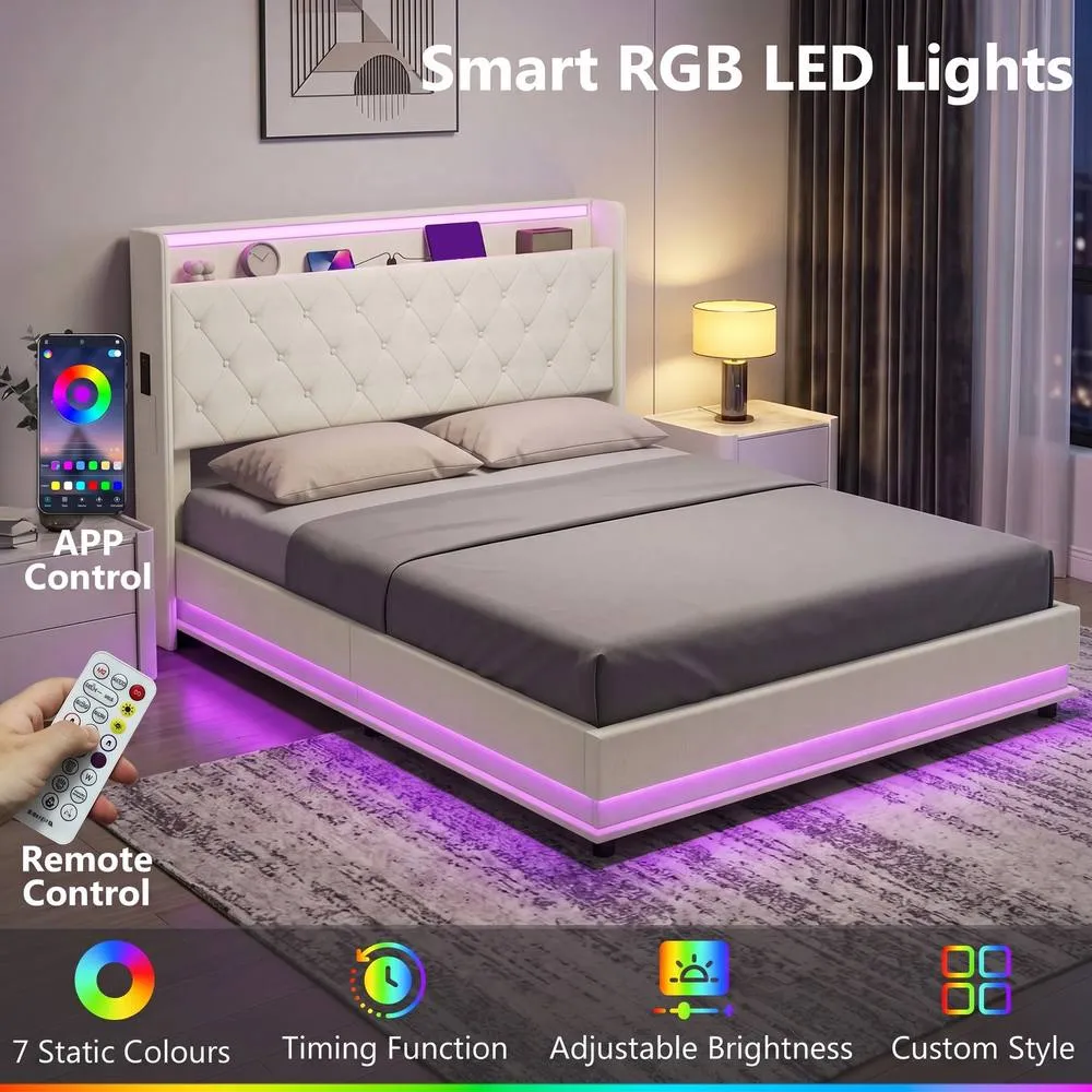 HOMCOM Lift up Storage Bed Frame with RGB LED Lights, 150 x 200cm, White in Cream 5