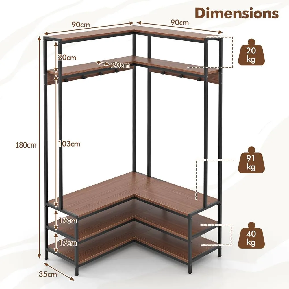 Costway Corner Garment Rack L-shaped Clothes Rack w/ Open Shelves-Walnut in Brown 2