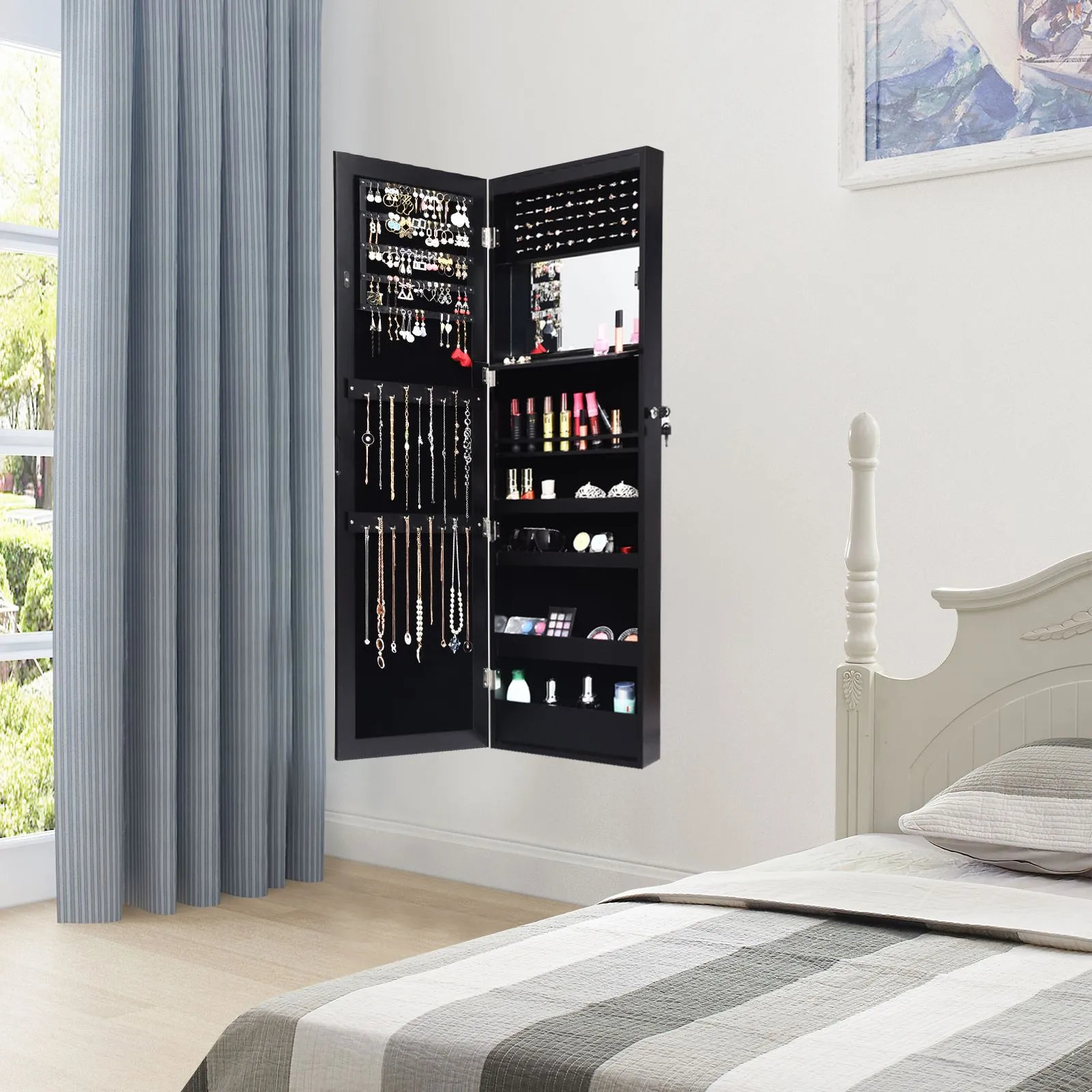 Costway Wall/Door Mounted Jewelry Armoire Organizer Full-length Mirror Storage Cabinet in Black 5