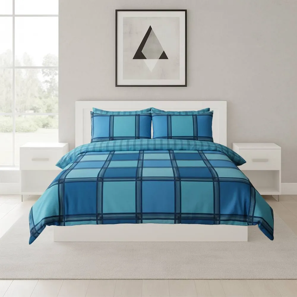 Snug City Box Print Duvet Cover Set Contemporary Square Pattern Bedding in Teal