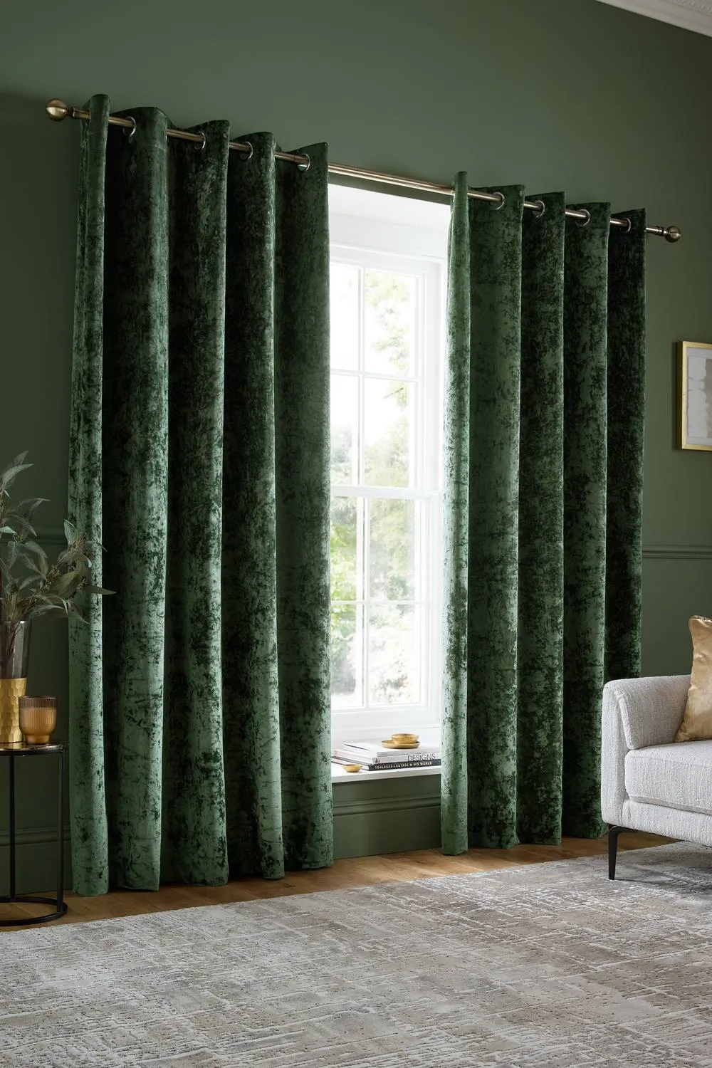 Catherine Lansfield 'Crushed Velvet' Lined Eyelet Curtains in Olive