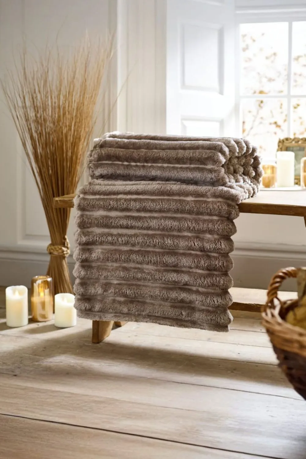 Deyongs Alnwick Supersoft Plush Cosy Autumn Ribbed Throw - 140x180cm in Taupe