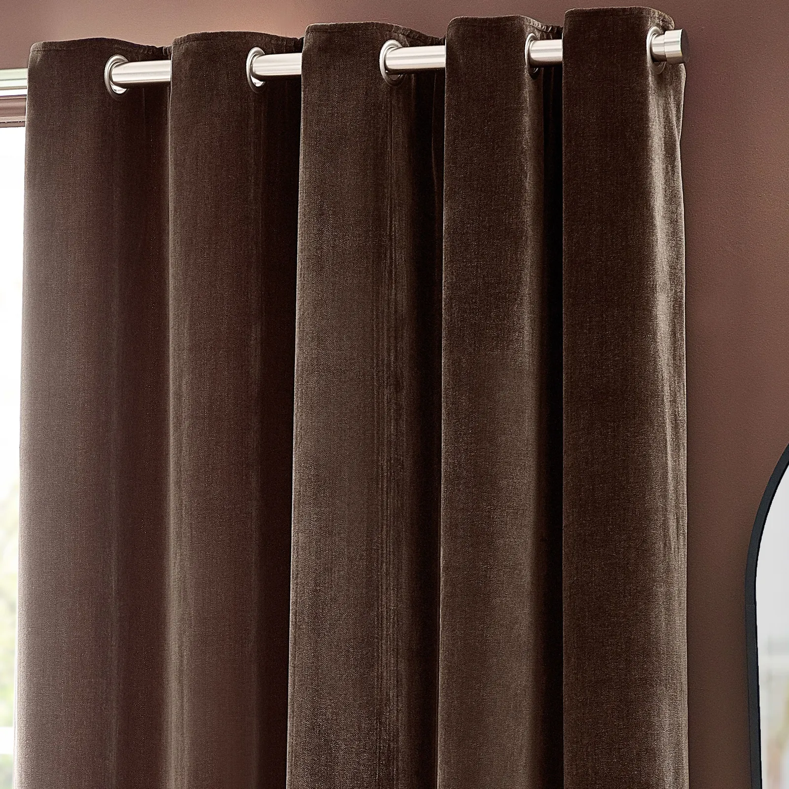 Yard Heavy Chenille Velvet Room Darkening Eyelet Curtain Pair in Brown 3