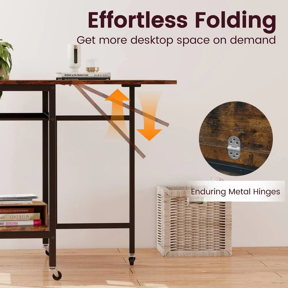 Costway Folding Dining Table Movable Kitchen Table with Wine Rack in Brown 5
