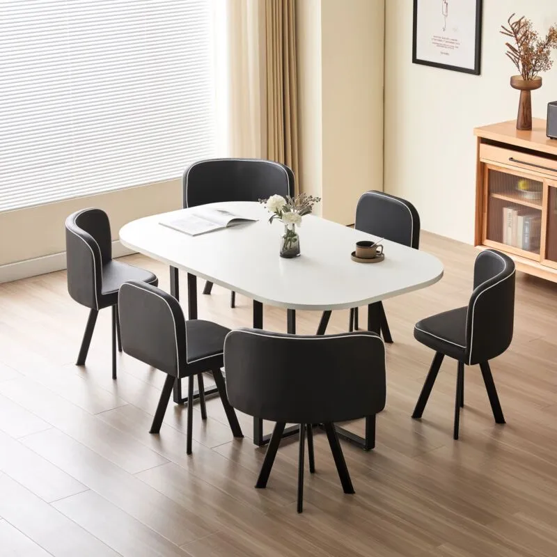 Comfy Living Ltd White 150cm Square Dining Table Set with 6 Black Chairs