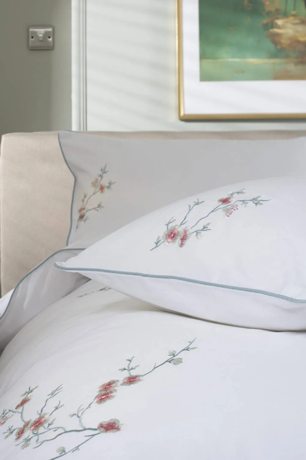 The Lyndon Company Cherry Blossom Teal Cotton Duvet Set with Embroidered in White 3