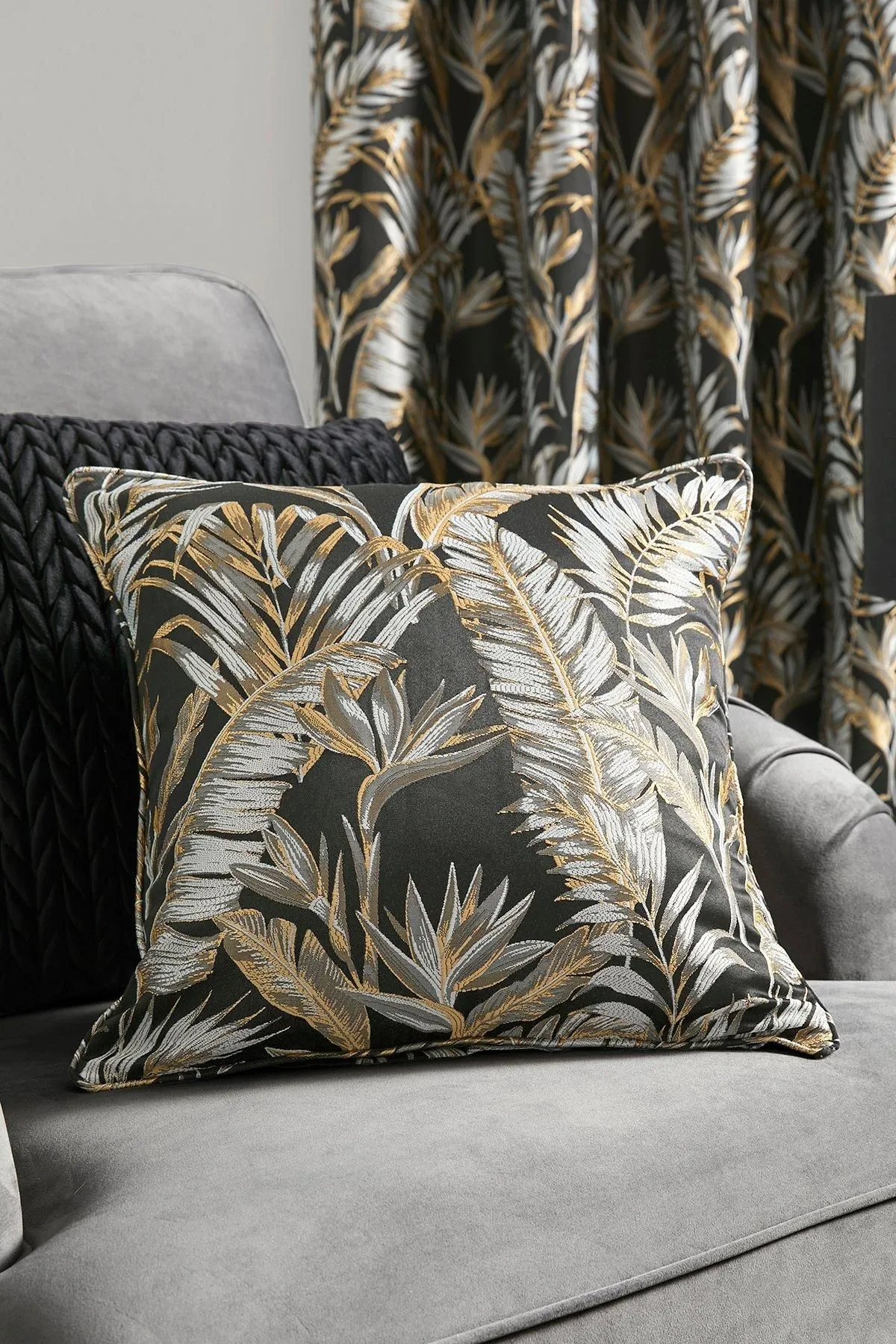 Laurence Llewelyn-Bowen 'Paradise Palm' Jacquard Palm Leaf Filled Cushion in Black