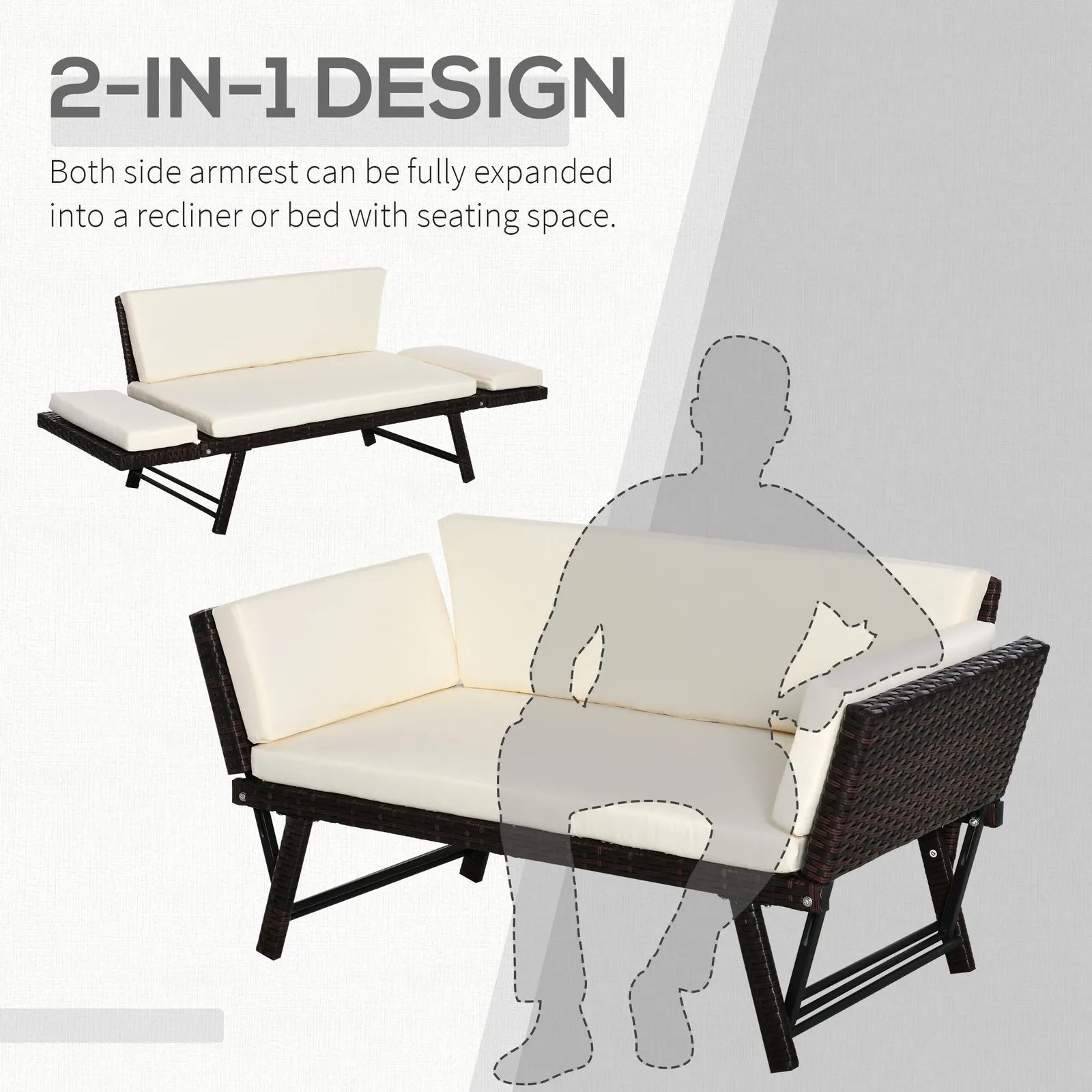 OUTSUNNY 2 in 1Rattan Folding Chaise Lounger w/ Cushion for Garden in Brown 4