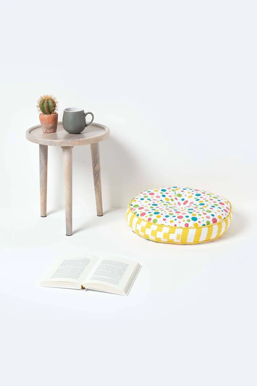 Homescapes Multi Polka Dots & Yellow Stripes Round Floor Cushion 2