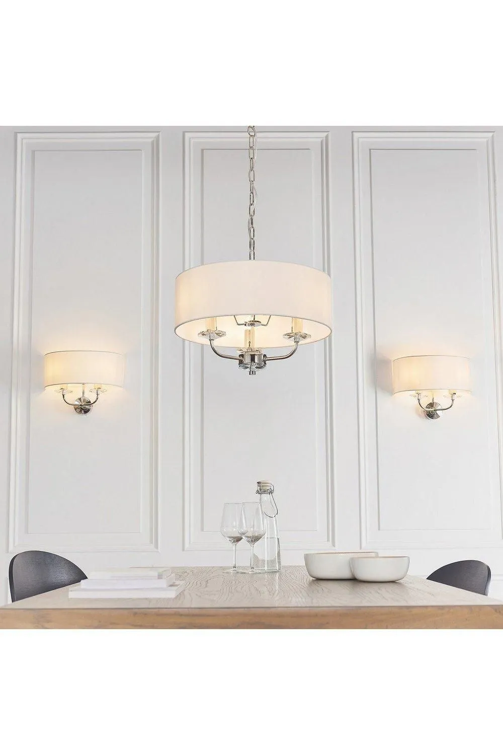 Netlighting Nixon 2 Light Indoor Candle Wall Light Nickel Plate White Faux Silk E14 in Grey 4