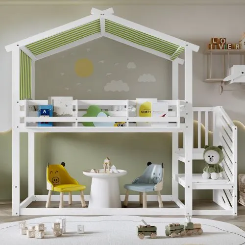 Matteo Bunk bed, Teen Bed, Children's bed MDF + Pinewood + Plywood, Decorative Canopy, Corner Staircase in White