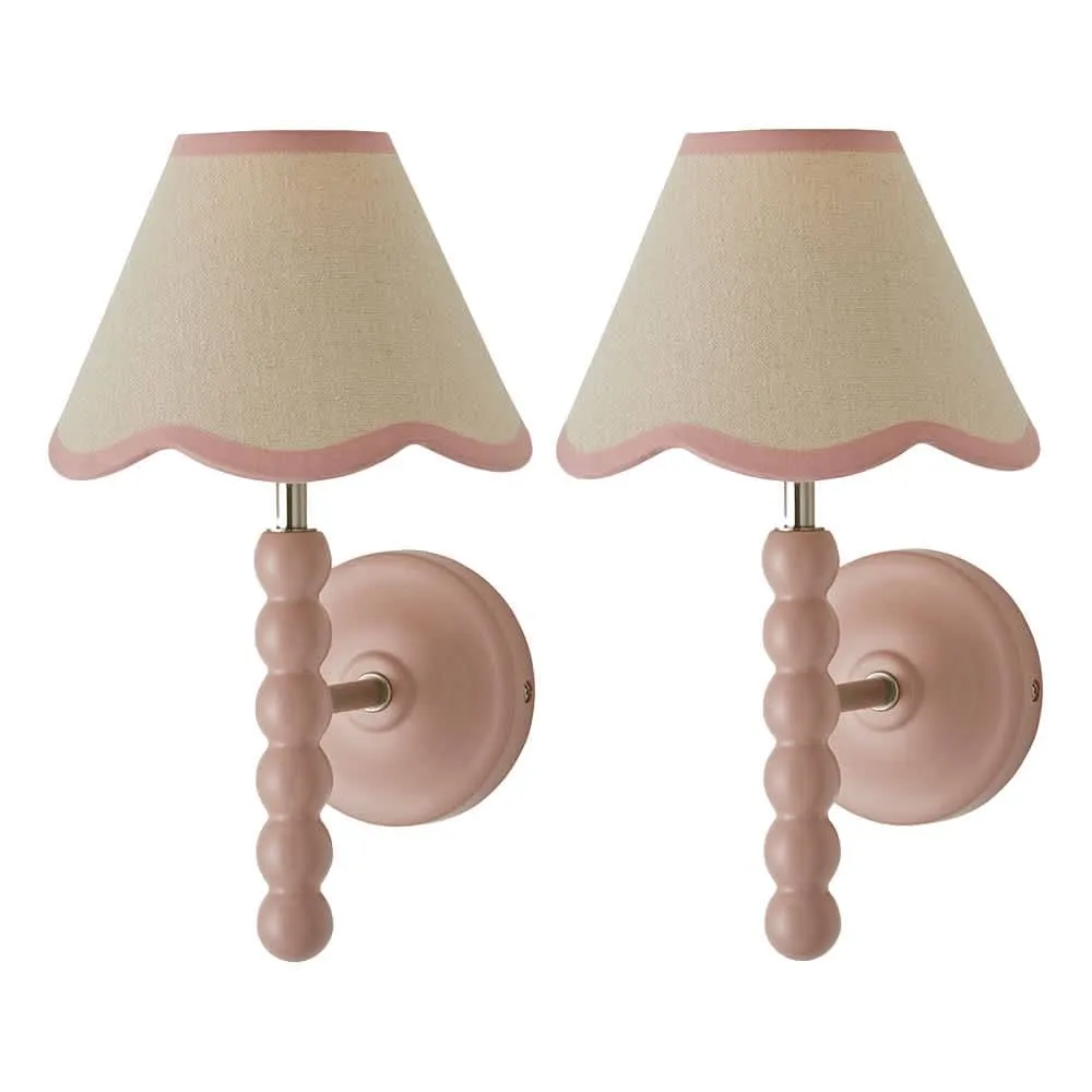 ValueLights Bobbins Pair Pink Bobble Wall Lights & Linen Pastel Trim Lamp Shades in Pale Pink