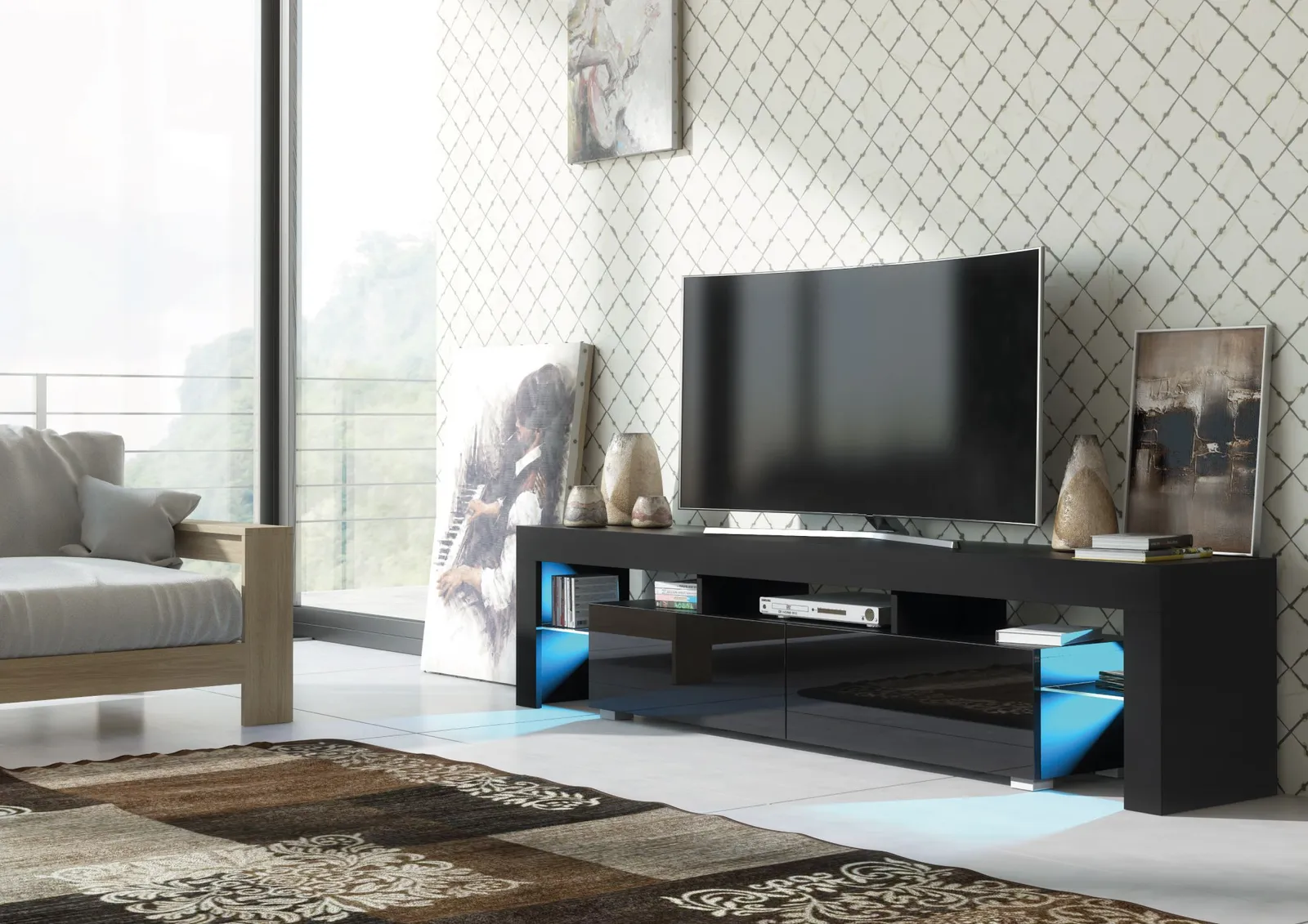 Creative Furniture Nova TV Unit 200cm - A Spacious & Modern Cabinet with Gloss Doors & LED Lights in Black 6
