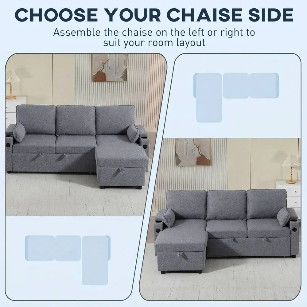 HOMCOM Corner Sofa Bed, L Shaped Sofa with Storage Chaise, USB Ports in Grey 5
