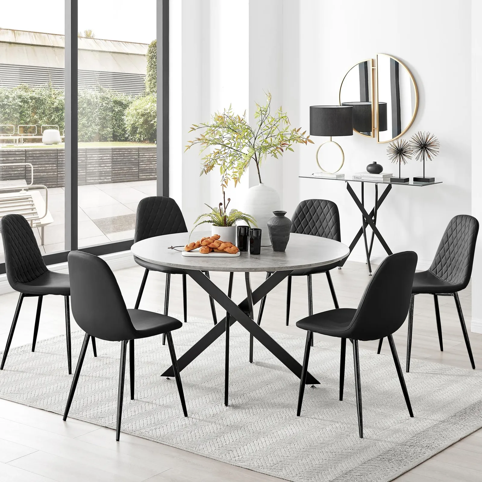 FurnitureboxUK Novara Grey Concrete Effect Black Leg 120cm Round Dining Table & 6 Corona Black Leg Chairs 1