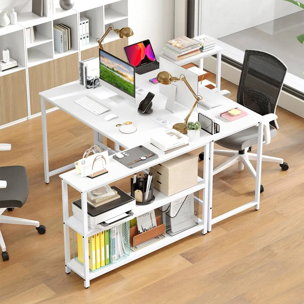 Costway L Shaped Desk Corner Computer Desk Writing Desk w/ Storage Shelves in White 5