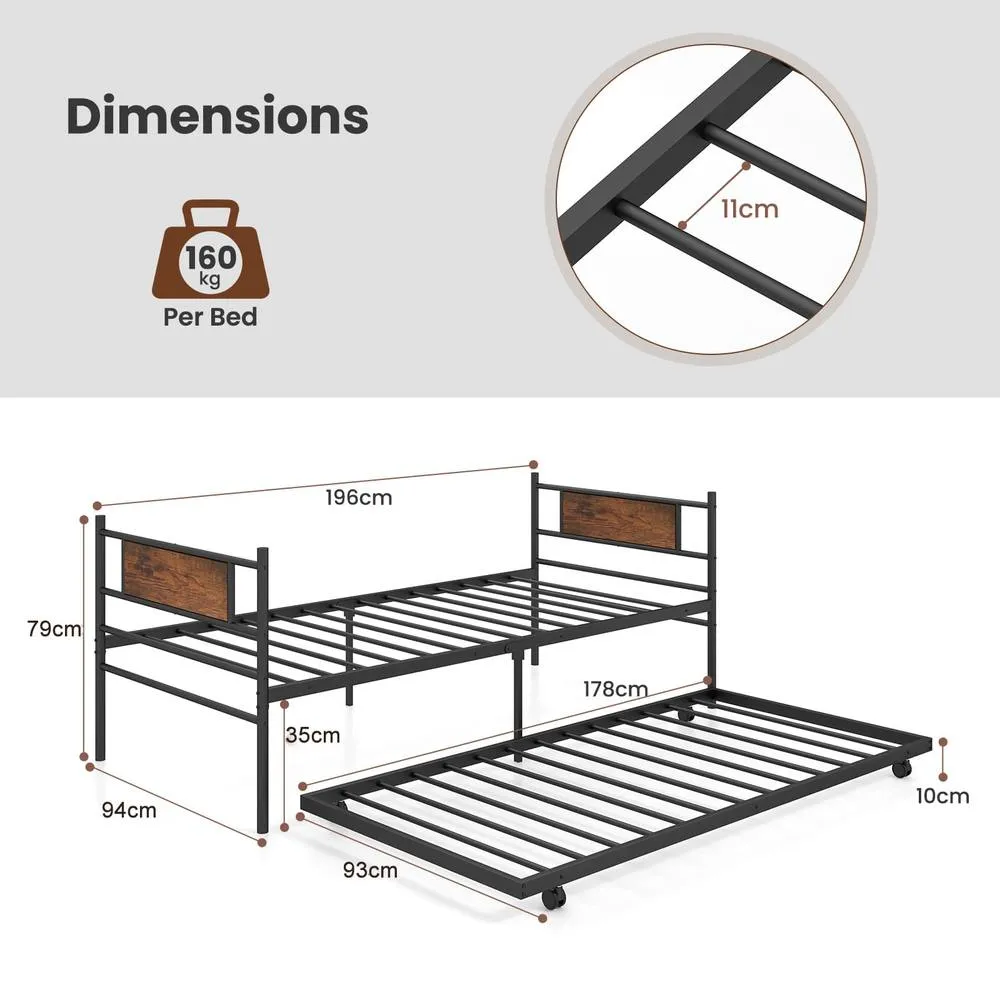 Costway Metal Daybed with Pull-out Trundle Single Sofa Guest Bed w/Headboard in Brown 2