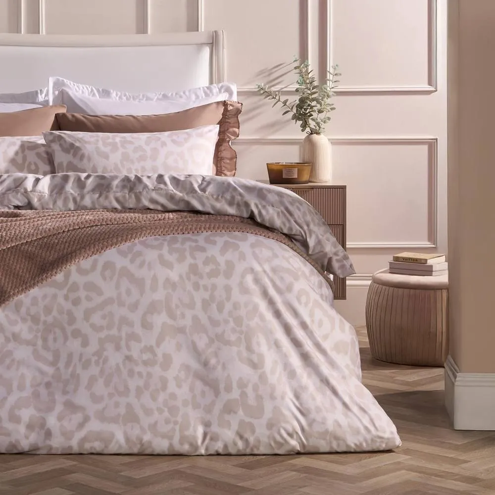 OHS Leopard Duvet Cover Set Microfibre Bedding with Pillowcase in Stone