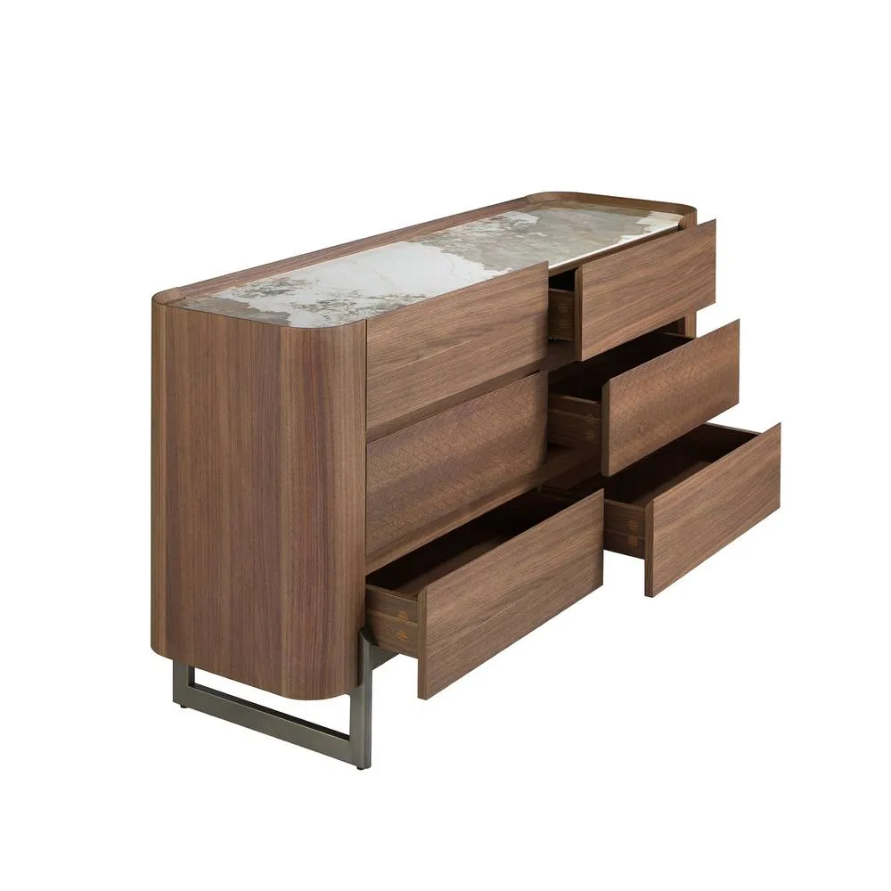 Angel Cerda Walnut Veneer 6-Drawer Chest with Porcelain Marble in Brown 6