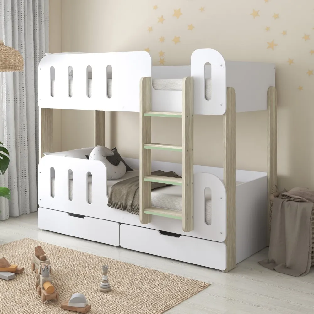 Elisa - Single – Bunk Bed with Underbed Drawers – White/Pale Wood - Particleboard - 3ft