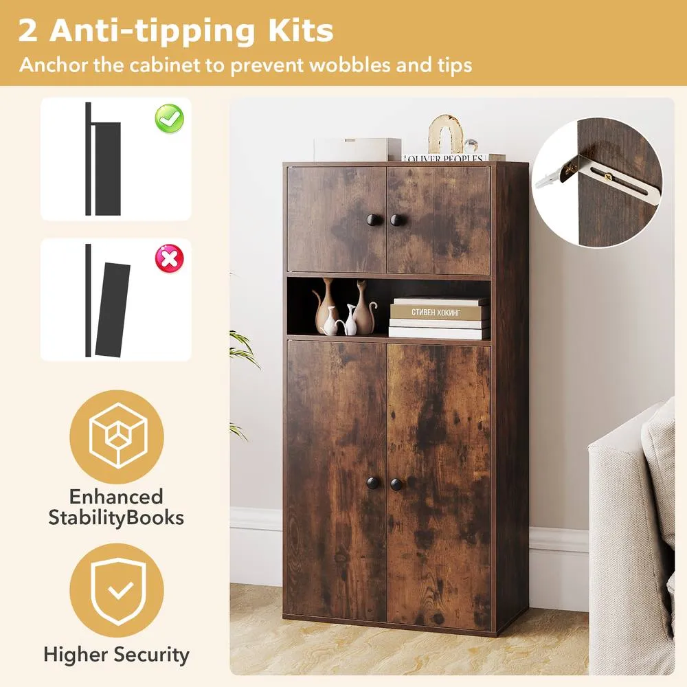 Costway 4-Tier Bookcase w/ Door Wooden Storage Organizer w/ Adjustable Shelf in Brown 6