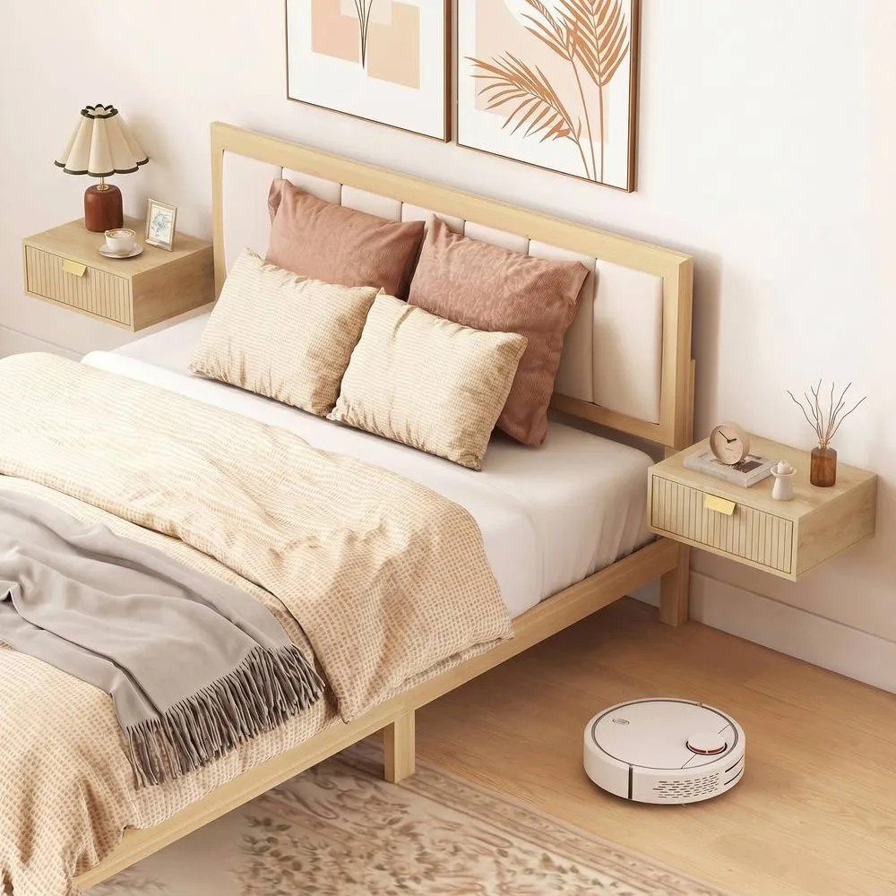 HOMCOM Floating Nightstands Set of 2 Bedside Tables w/ Wave Drawer Oak in Light Oak
