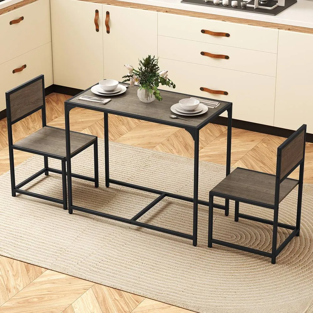 Costway 3 PCS Industrial Dining Table Set Rectangular Kitchen Table & 2 Chairs in Grey