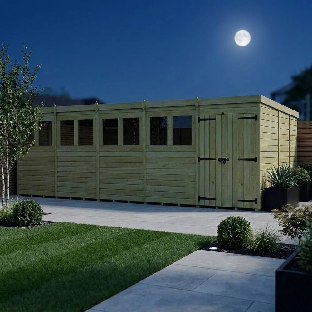 Buttercup Farm 20ft x 9ft Pent Garden Shed Double Door With Windows - Timber in Brown 3