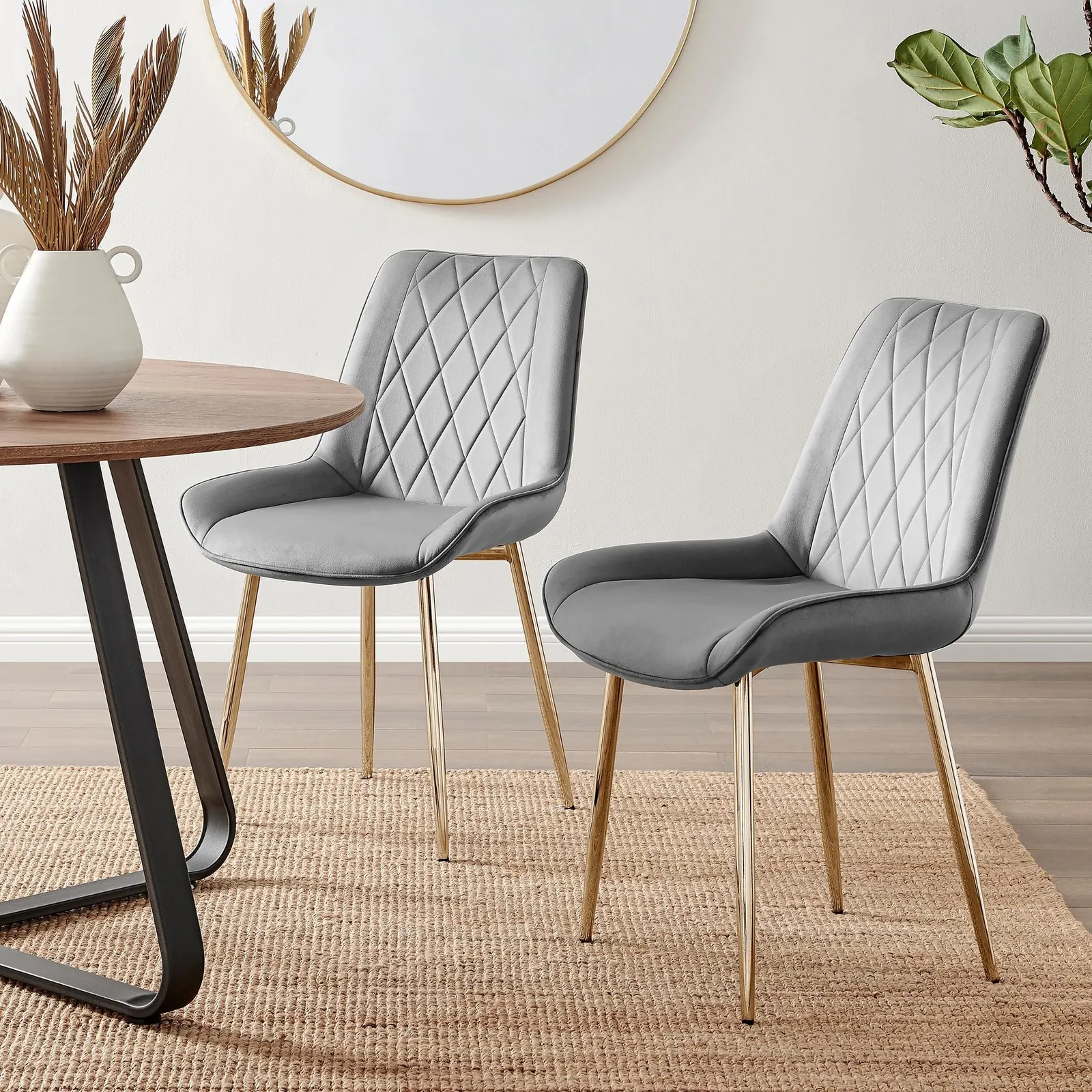 FurnitureboxUK Set of 2 Pesaro Luxury Soft Touch Diamond Pattern Velvet Dining Chairs With Gold Chrome Metal Legs in Grey