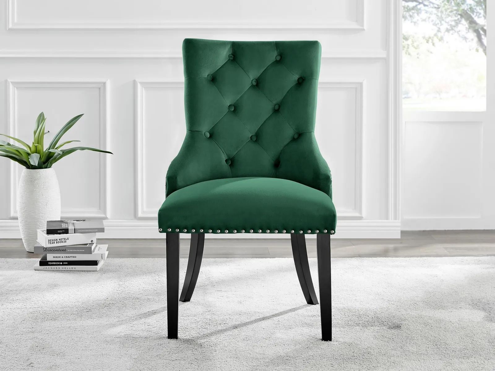FurnitureboxUK Set of 2 Belgravia Deep Padded Soft Velvet & Chrome Knockerback Dining Chairs With Black Powder Coated Legs in Green 2