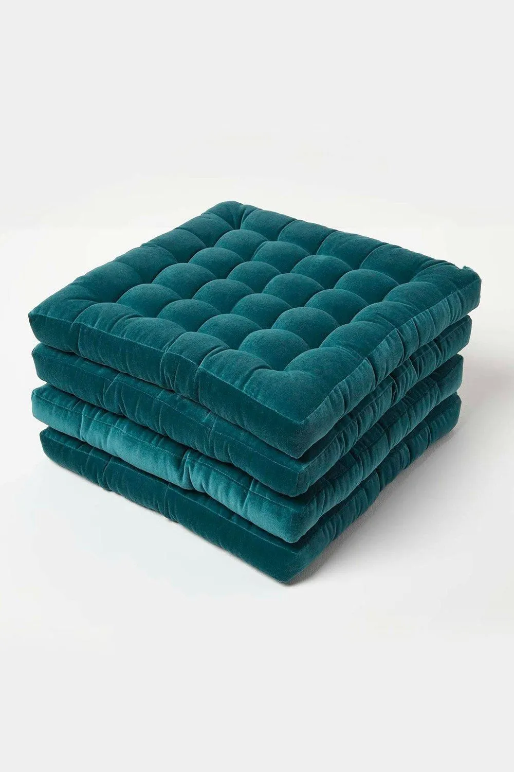 Homescapes 4 Pack Seat Pads Luxury Cotton Velvet Indoor Outdoor Garden Cushion, 40cm in Teal