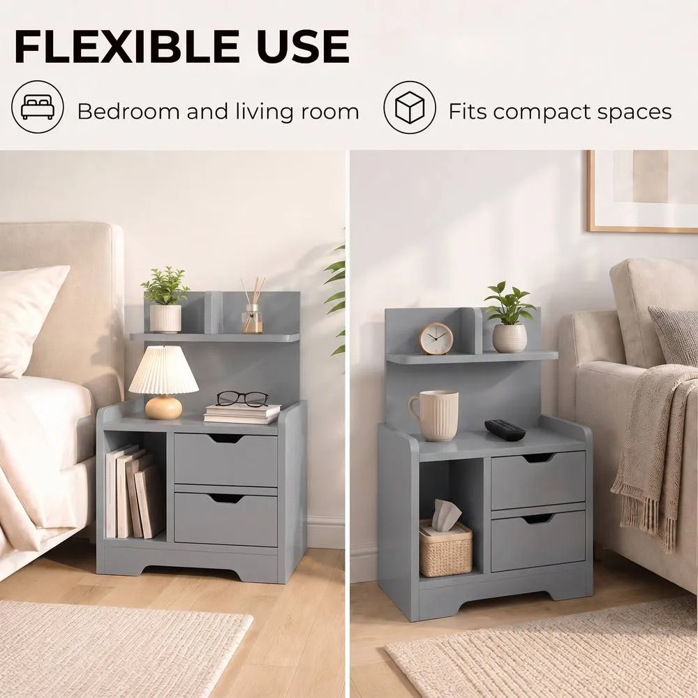 HOMCOM Modern Bedside Table with 2 Drawers & Open Shelves for Bedroom in Grey 4