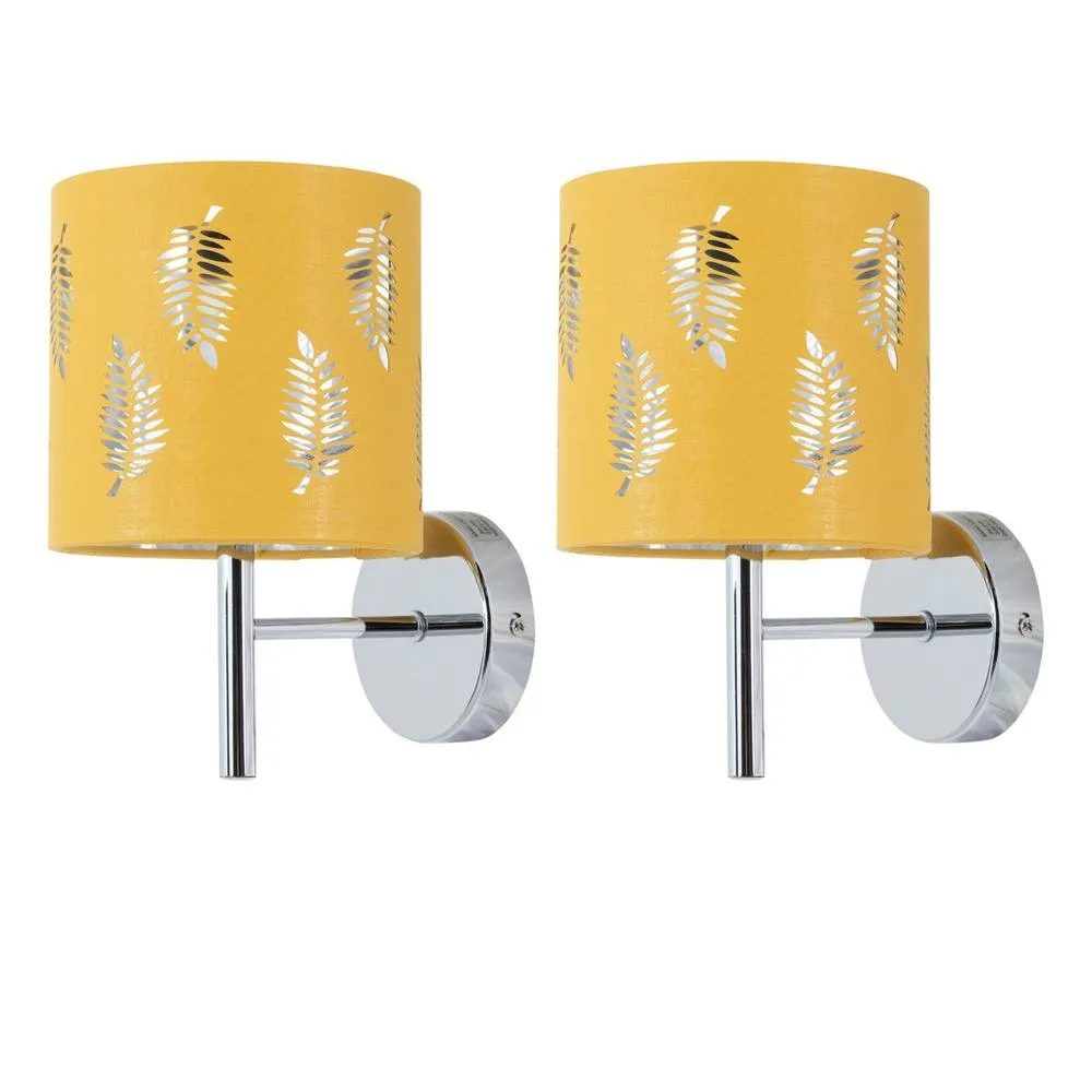 First Choice Lighting Set of 2 Brea - Chrome Wall Lights with Ochre Fern Shades in Silver