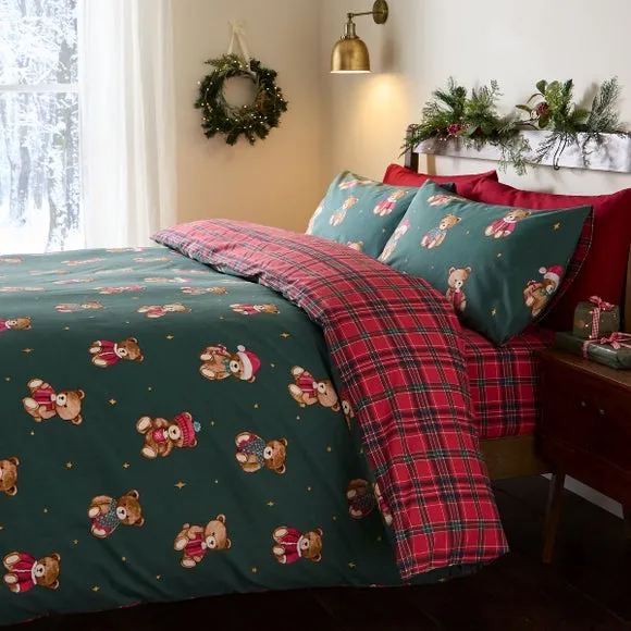 Catherine Lansfield Christmas Tartan Teddy Bear Duvet Cover & Pillowcase Set 2